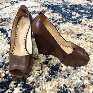 Yves Saint Laurent YSL 38 8 Brown Open Toe Platform Pumps Sandals Leather Heels